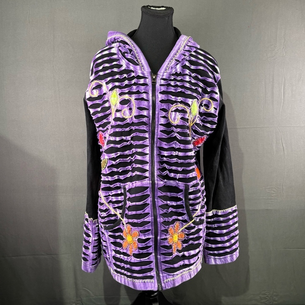 Rising International Hoodie Women’s XL Made in Nepal Boho Jacket Purple Black